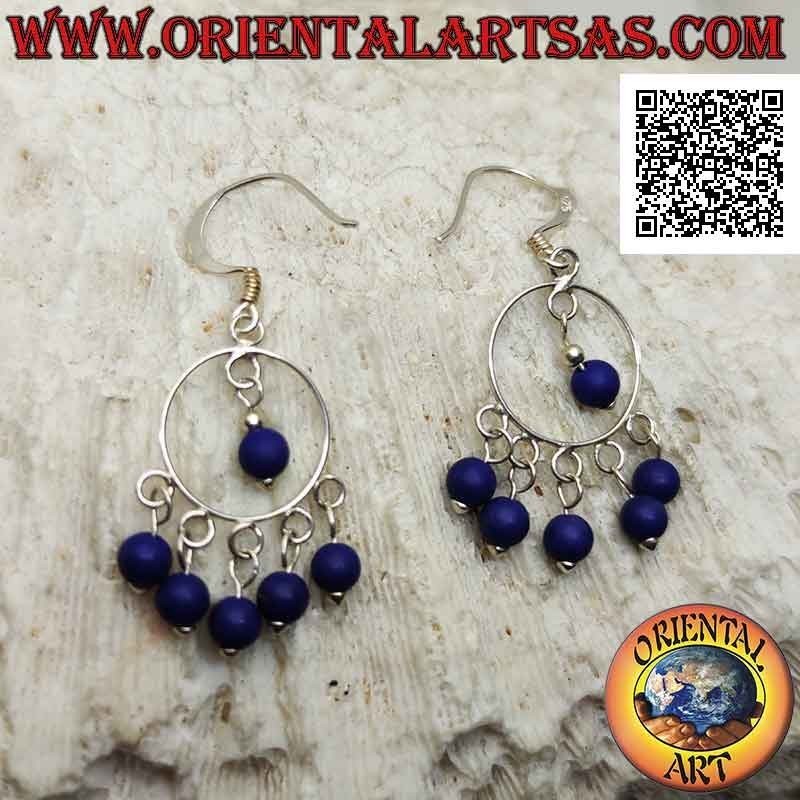 Boucles d'oreilles à levier en argent avec bandeau et 5 perles de lapis-lazuli et un pendentif au centre
