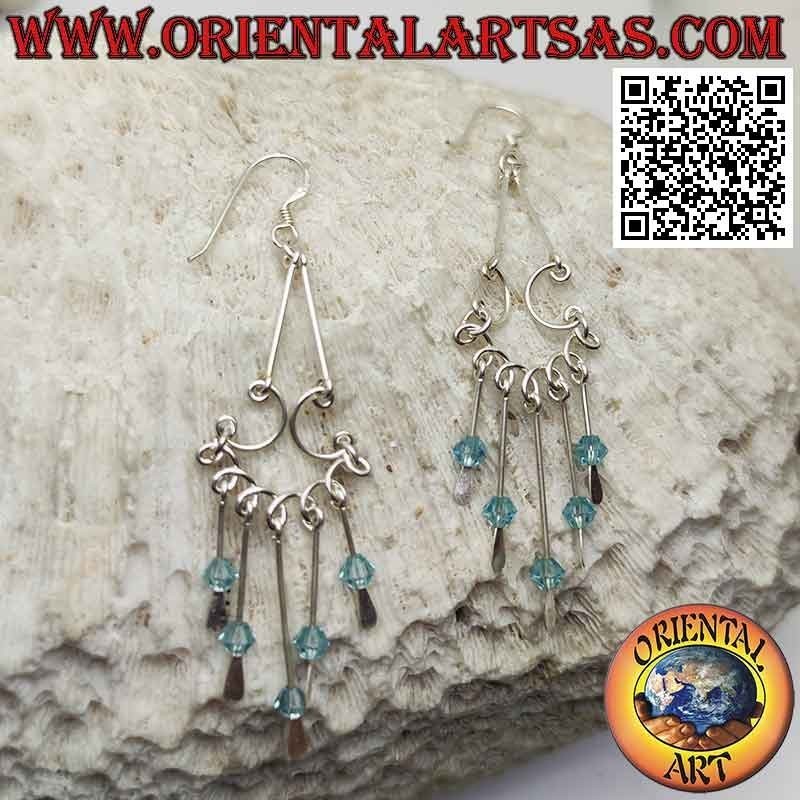 Rolled arc silver earrings with dangling blue crystals