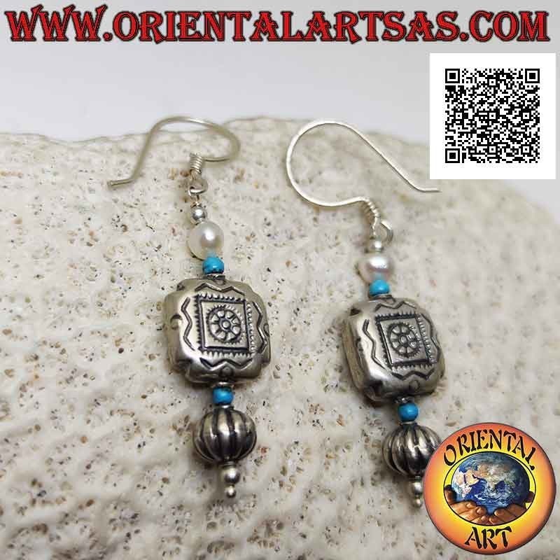 Silver leverback earrings with engraved silver inserts, pearls and turquoise balls