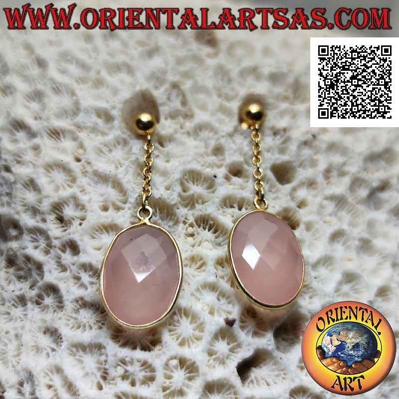 Gold-plated silver earrings with faceted oval rose quartz flush with smooth edge