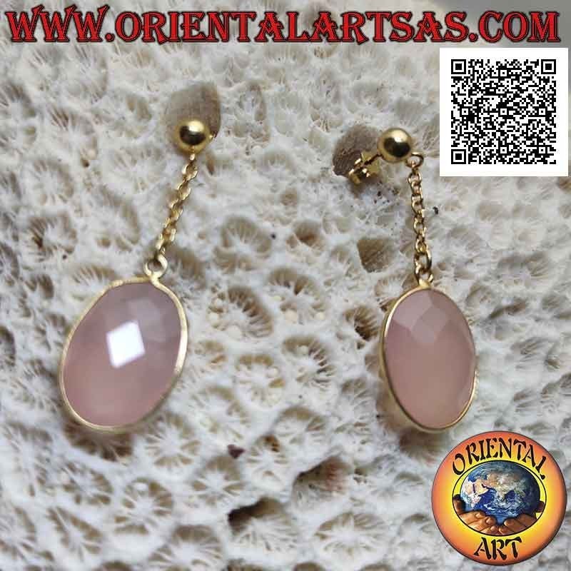Gold-plated silver earrings with faceted oval rose quartz flush with smooth edge