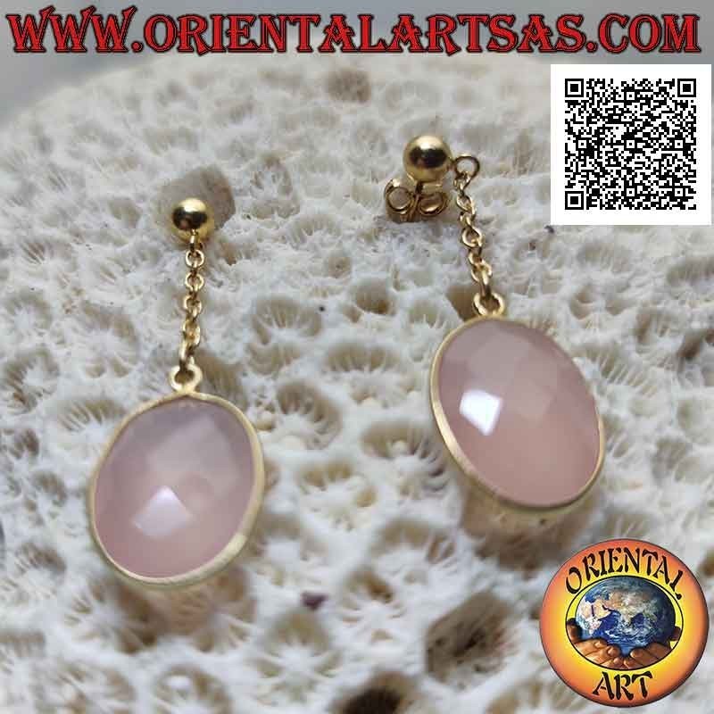 Orecchini in argento placcati oro con quarzo rosa ovale sfaccettato a filo bordo liscio