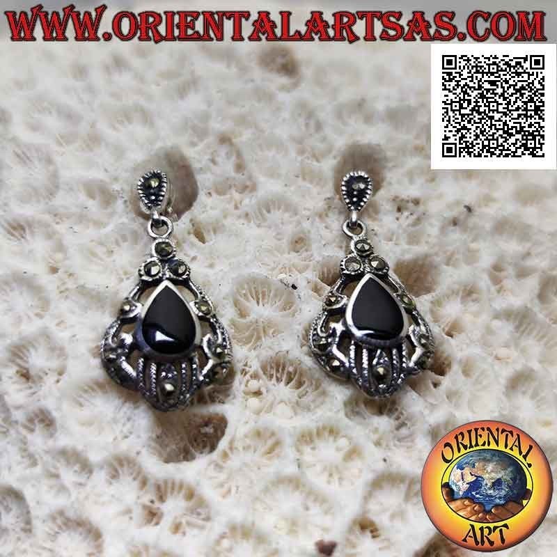 Silver earrings with drop onyx surrounded by an enveloping perforated decoration studded with marcasite
