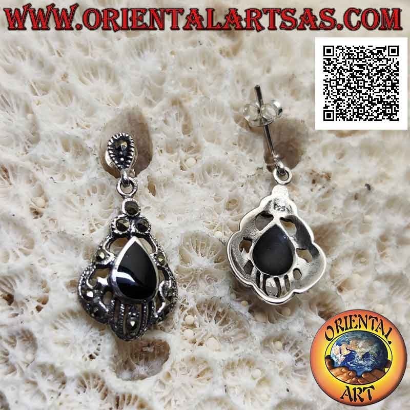 Silver earrings with drop onyx surrounded by an enveloping perforated decoration studded with marcasite