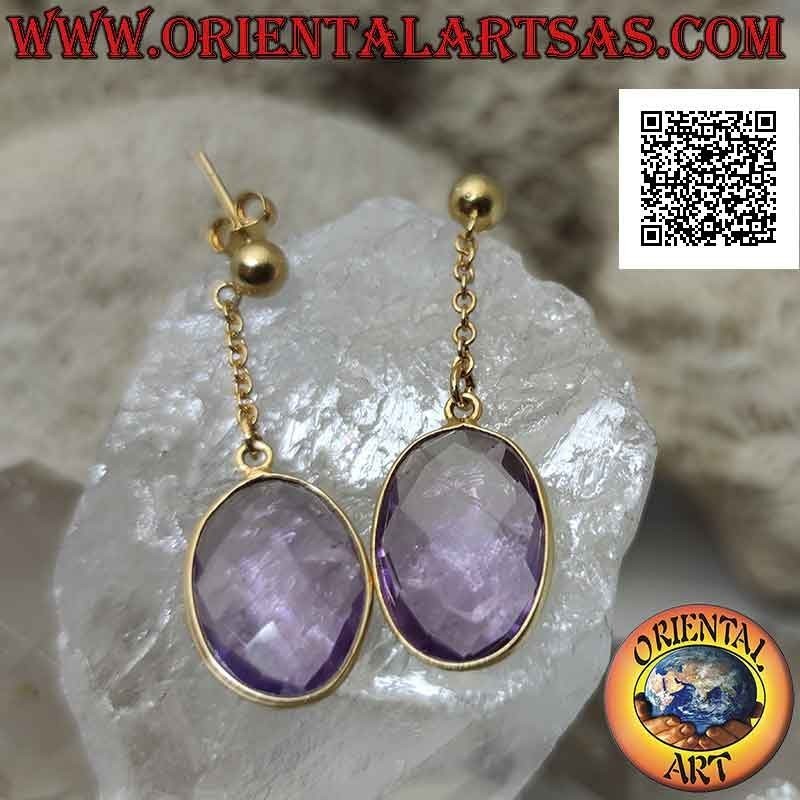 Gold-plated silver earrings with faceted oval synthetic amethyst with smooth edge wire