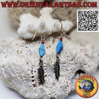 Silver earrings with turquoise paste rhombus and pendant feather