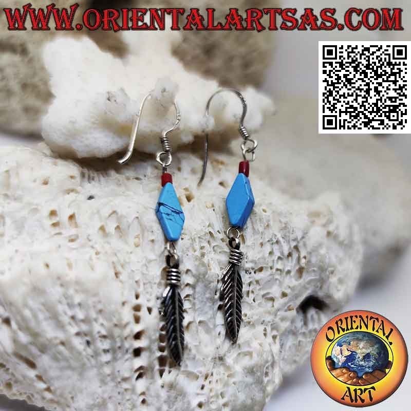 Boucles d'oreilles en argent avec losange en pâte turquoise et pendentif plume