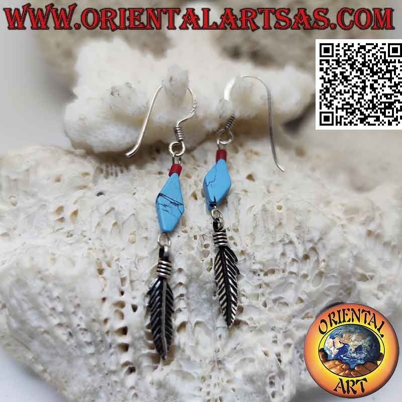 Silver earrings with turquoise paste rhombus and pendant feather