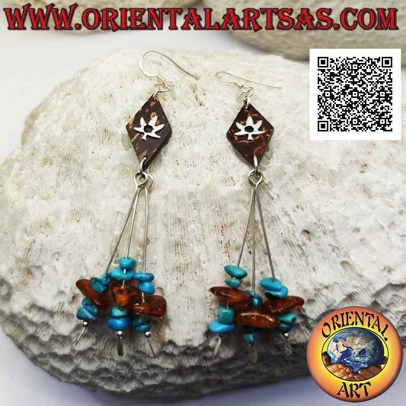 Silver earrings with coconut rhombus with applied leaf and three strands with fragments of turquoise and amber pendants