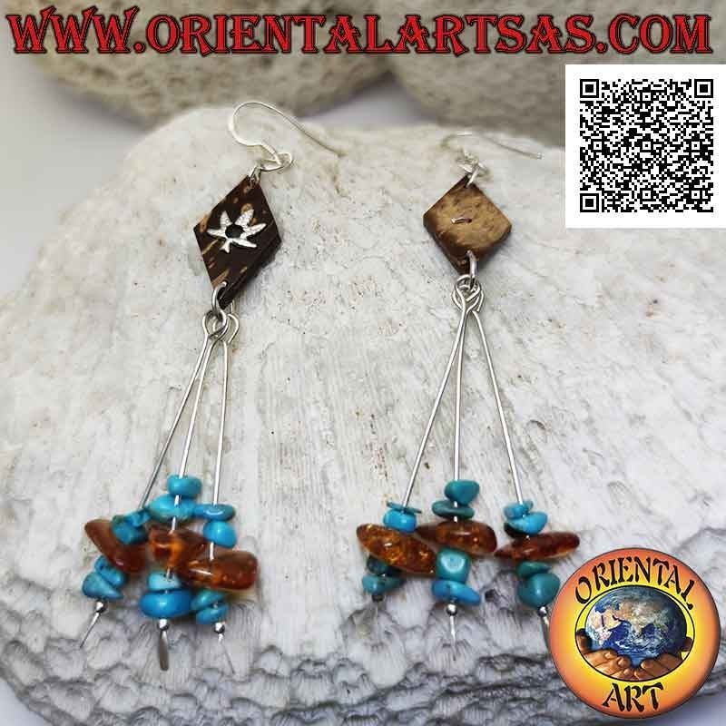 Boucles d'oreilles en argent avec losange de noix de coco avec feuille appliquée et trois brins avec turquoise et ambre