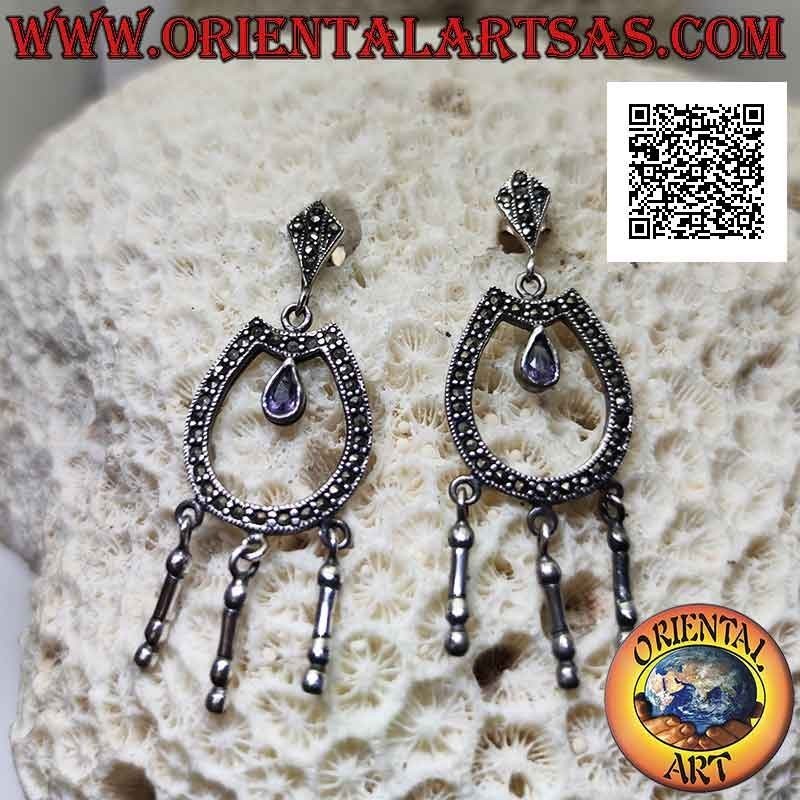 Pendientes de plata cerrados en forma de U tachonados con marcasita con gota de amatista natural en el centro
