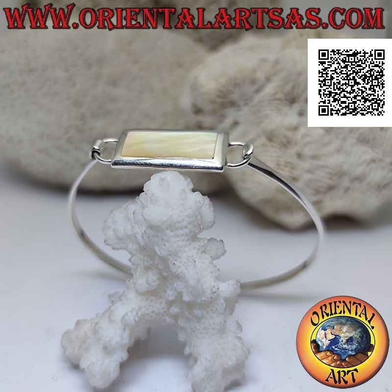 Smooth rigid bracelet in 925 ‰ silver with rectangular mother-of-pearl wire (interlocking clasp)