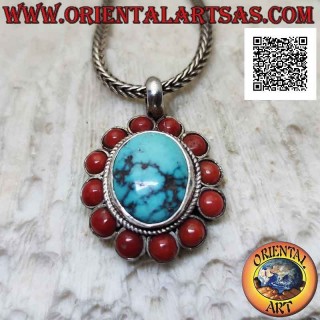 Ciondolo in argento con turchese tibetano naturale tondo contornato da intreccio e coralli antichi tondi