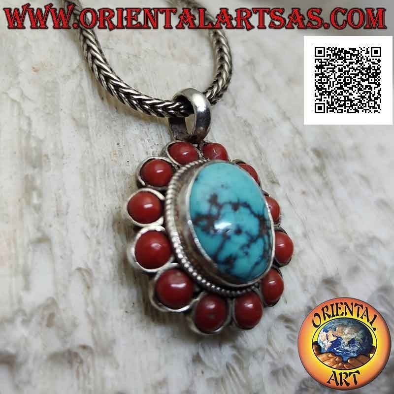Ciondolo in argento con turchese tibetano naturale tondo contornato da intreccio e coralli antichi tondi