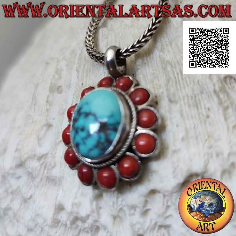 Silver pendant with natural round Tibetan turquoise surrounded by interweaving and ancient round corals