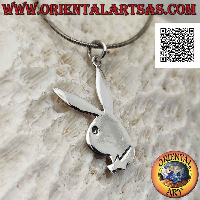 Silver pendant in the shape of a flat "playboy" bunny with light engravings (thin)