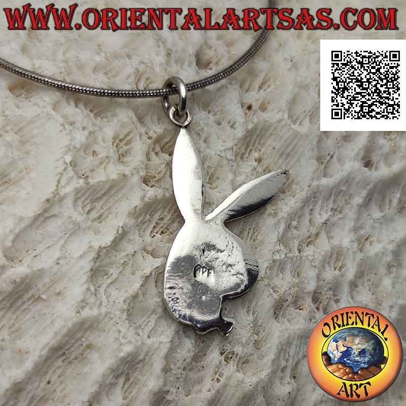 Colgante de plata en forma de conejito plano "playboy" con grabados ligeros (fino)