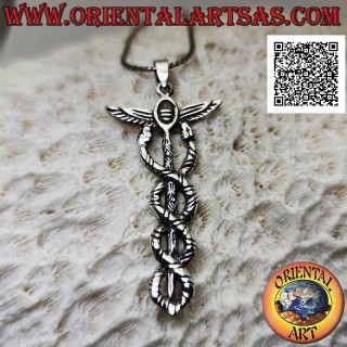 Ciondolo in argento a forma di caduceo o bastone di hermes (simbolo di sapienza e immortalità) grande
