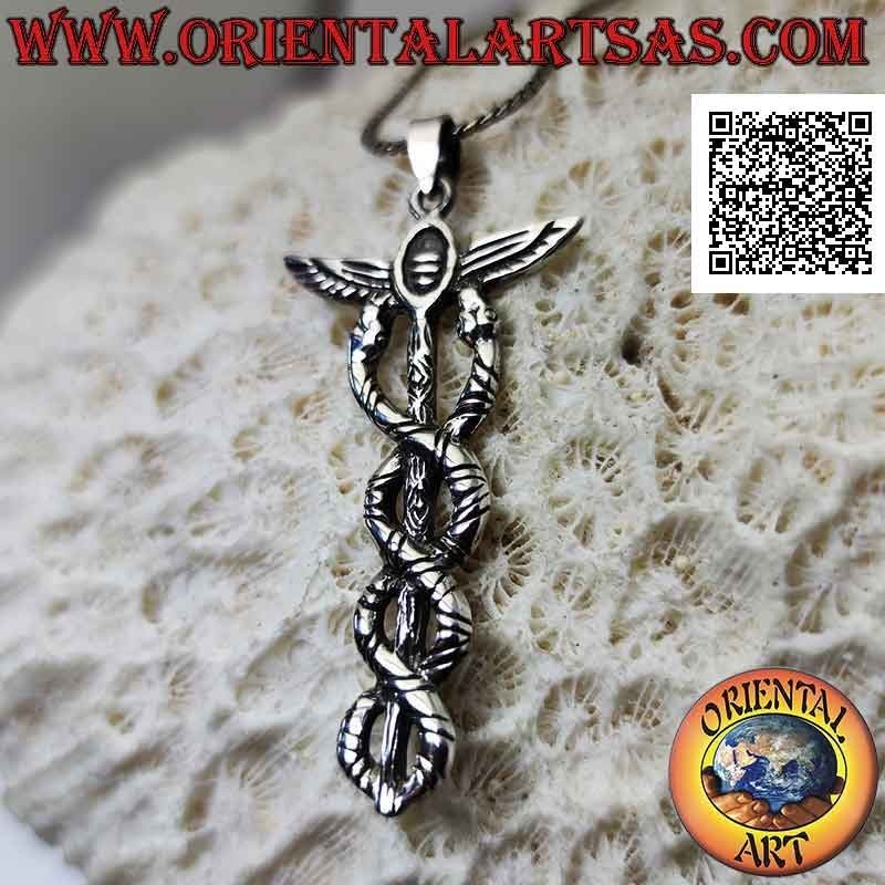 Colgante de plata en forma de caduceo o bastón de hermes (símbolo de sabiduría e inmortalidad) grande