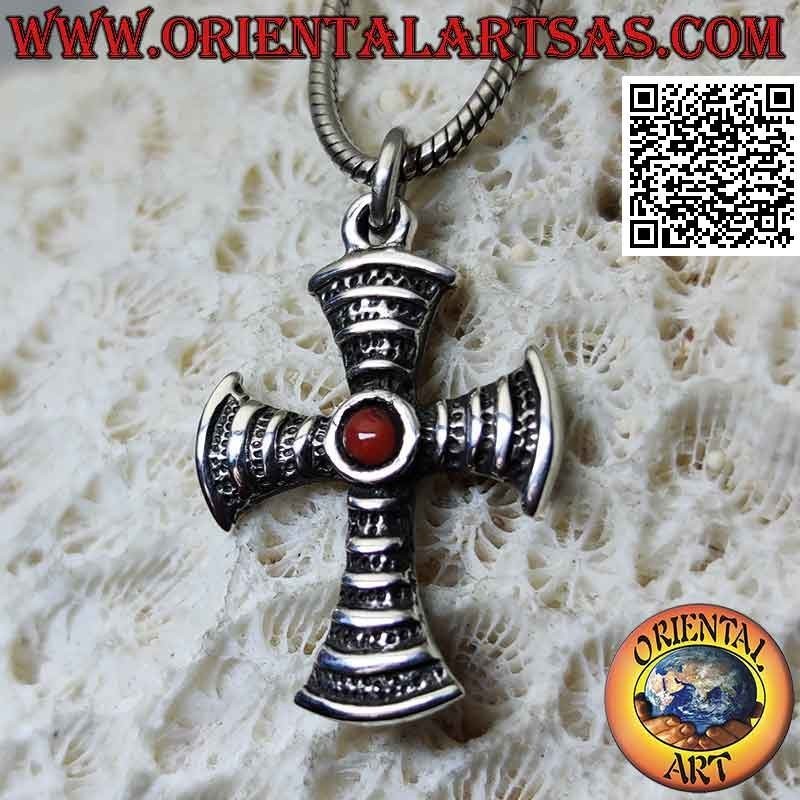 Silver pendant in the shape of a cross with central round natural coral