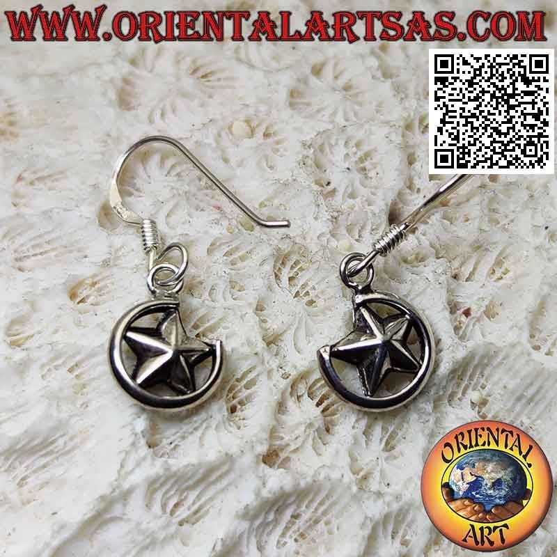 Silver leverback earrings with star between a three-quarter circle