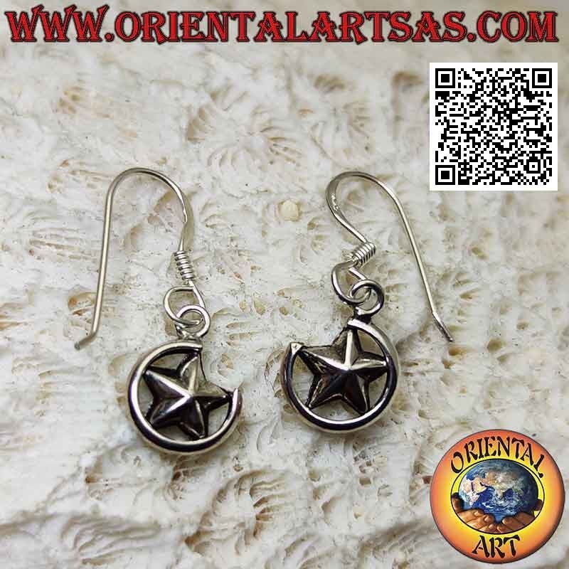 Pendientes de palanca de plata con estrella entre tres cuartos de círculo