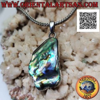 Wide irregular shape silver pendant with paua shell (abalone)