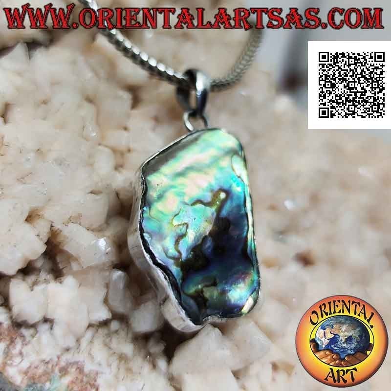Wide irregular shape silver pendant with paua shell (abalone)