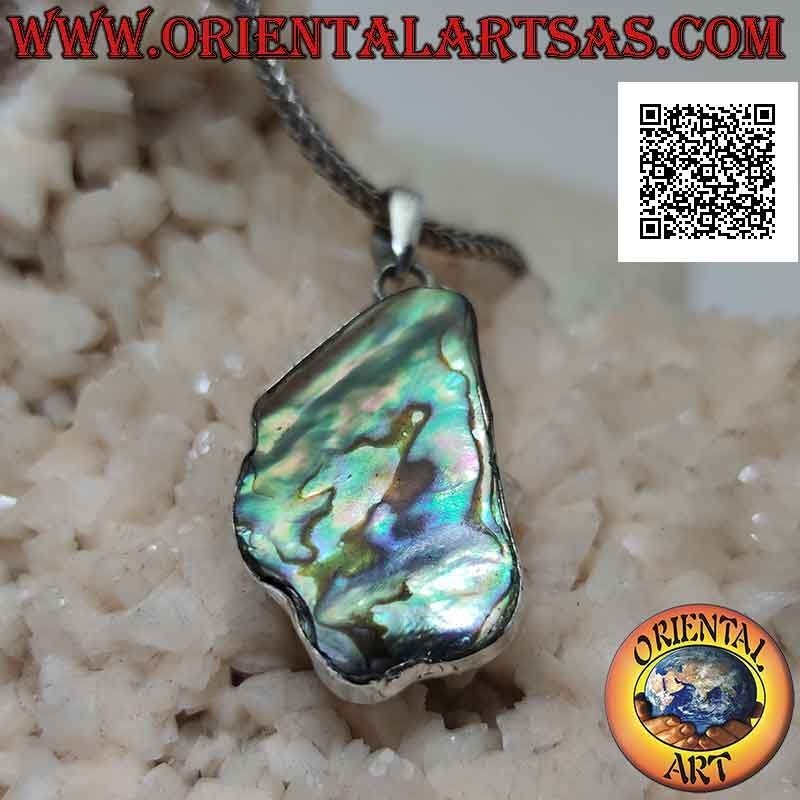 Wide irregular shape silver pendant with paua shell (abalone)