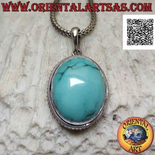 Ciondolo in argento con turchese antico ovale cabochon contornato da intreccio elicoidale (grande)