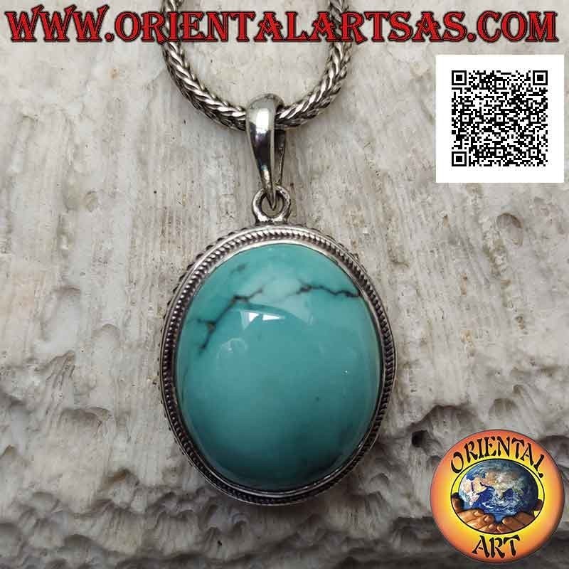 Silver pendant with antique turquoise cabochon oval surrounded by helical weave (large)