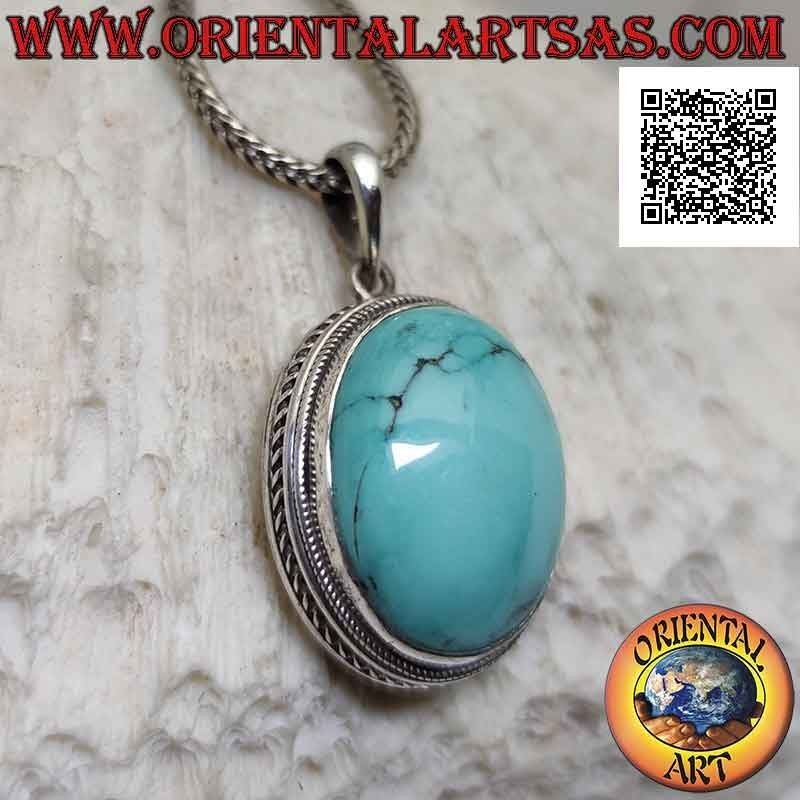 Silver pendant with antique turquoise cabochon oval surrounded by helical weave (large)