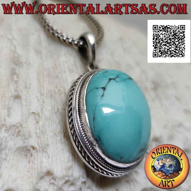 Silberanhänger mit antikem Türkis-Cabochon-Oval, umgeben von Spiralbindung (groß)