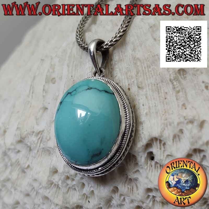 Silver pendant with antique turquoise cabochon oval surrounded by helical weave (large)