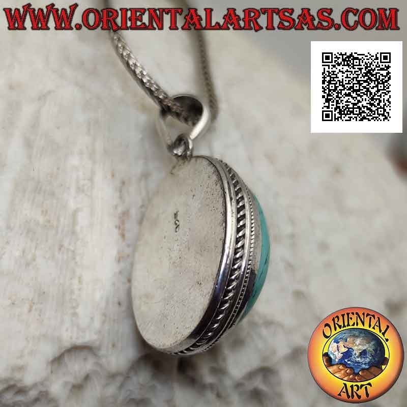 Pendentif en argent avec cabochon turquoise antique ovale entouré d'un tissage hélicoïdal (grand)