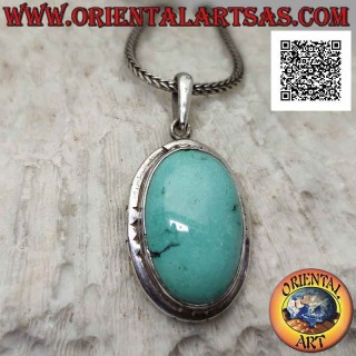 Pendentif en argent avec turquoise antique ovale et bord saillant lisse gravé sur les points cardinaux