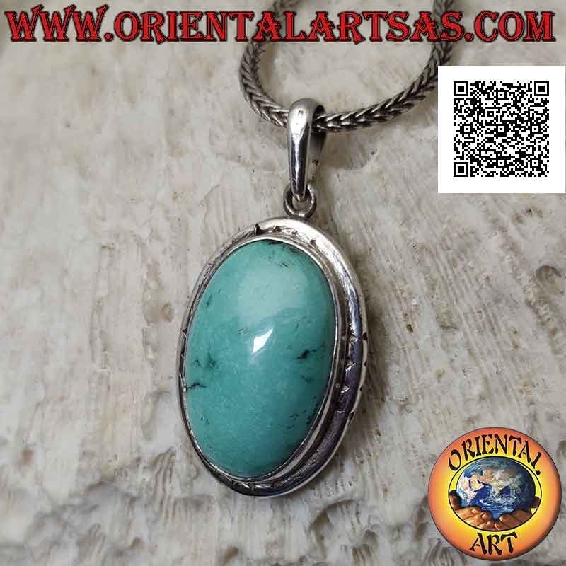 Pendentif en argent avec turquoise antique ovale et bord saillant lisse gravé sur les points cardinaux