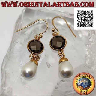 Orecchini in argento placcati oro con topazio fumé tondo sfaccettato e perla pendente