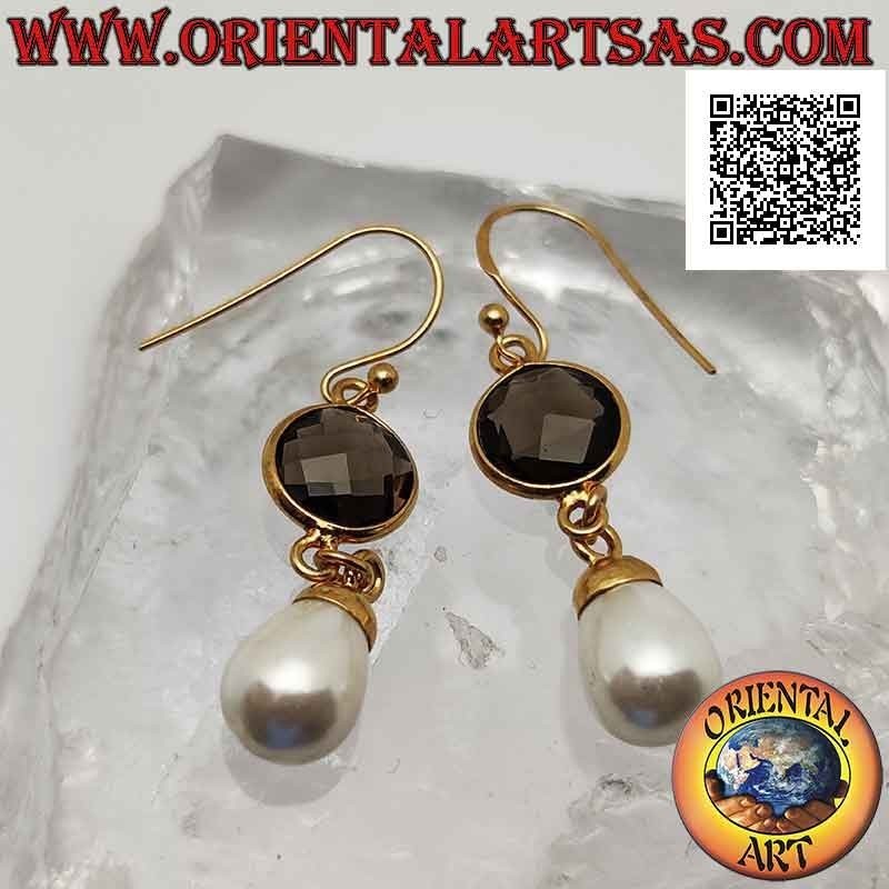 Orecchini in argento placcati oro con topazio fumé tondo sfaccettato e perla pendente