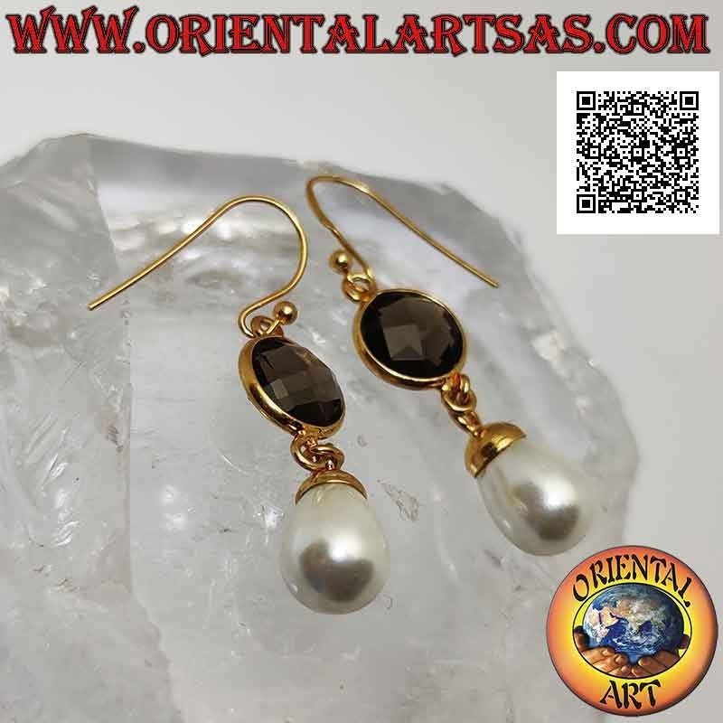 Orecchini in argento placcati oro con topazio fumé tondo sfaccettato e perla pendente