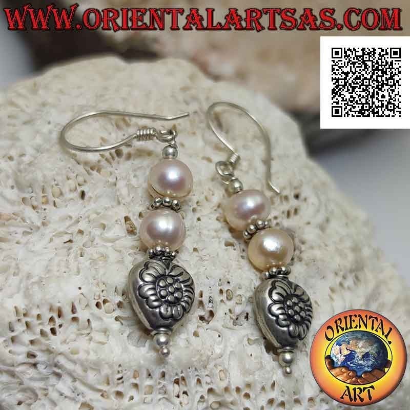 Silver leverback earrings with two pearls and heart with engraved flower pendants