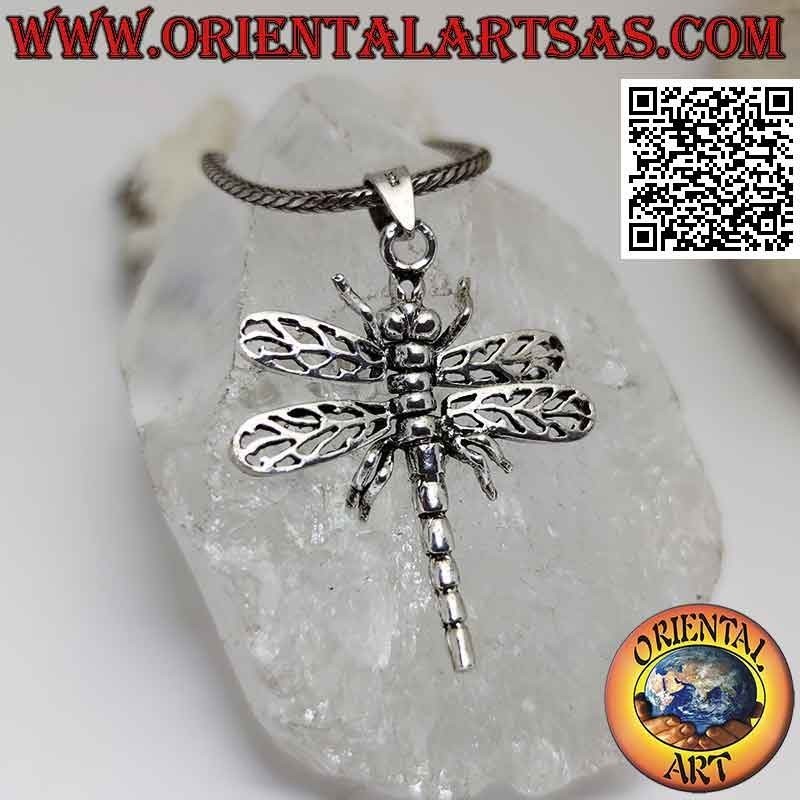 Ciondolo in argento a forma di libellula con ali traforate mobili (grande)