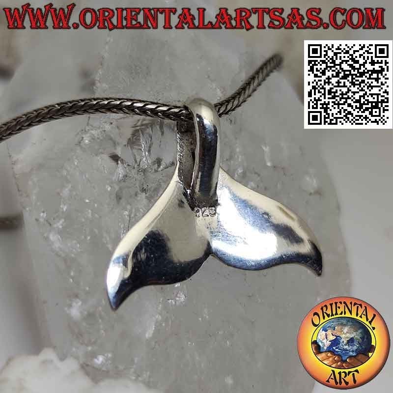 Silver pendant in the shape of a curved whale tail with onyx