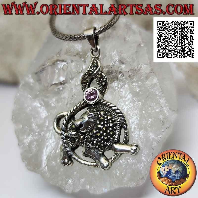 Silver pendant in the shape of a lion in the circle with mane and mantle studded with marcasite and pink zircon above
