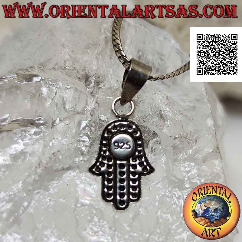 Ciondolo in argento mano di Fatima con decoro a palline e turchese tondo centrale applicato