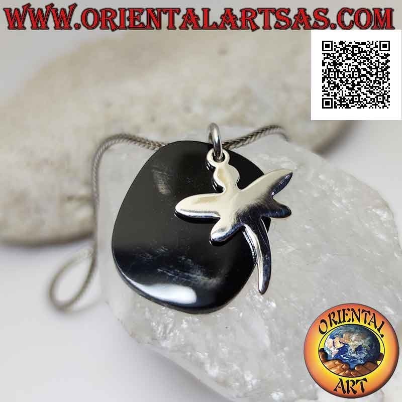 Pendentif en argent, rectangle arrondi d'onyx avec libellule lisse dessus