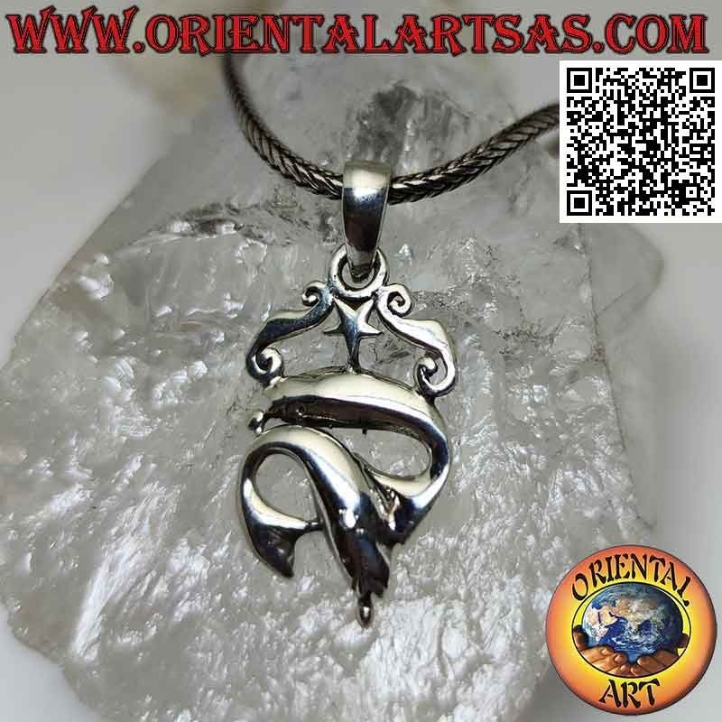 Colgante de plata, pareja de delfines jugando bajo una estrella y dos griegas