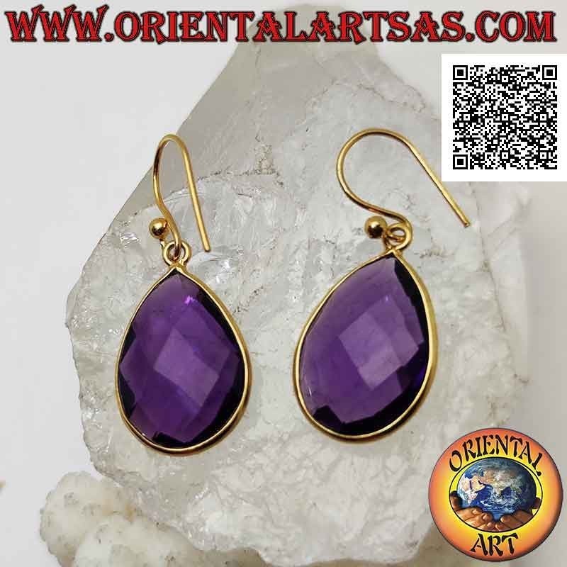 Gold-plated silver earrings with faceted teardrop synthetic amethyst surrounded by a smooth edge