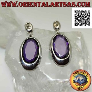 Silver lobe earrings with large oval synthetic amethyst faceted with smooth edge wire