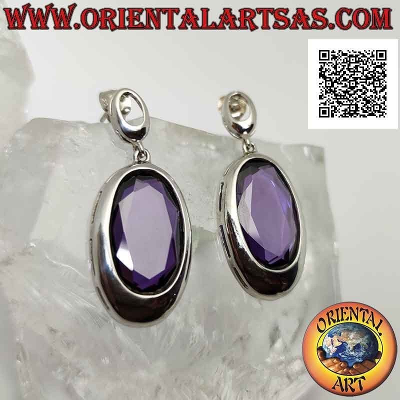 Silver lobe earrings with large oval synthetic amethyst faceted with smooth edge wire